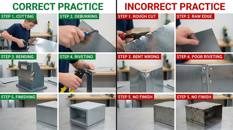 A step-by-step sequence showing a sheet metal edge being cut, deburred, bent, fitted, riveted, and then finished for corrosion protection
