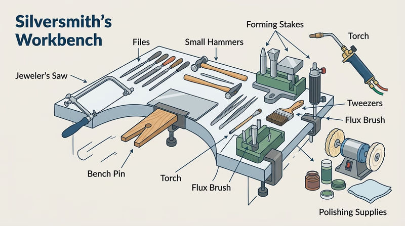 A silversmith bench with a jeweler's saw, bench pin, small hammers, files, soldering torch, tweezers, and forming stakes neatly arranged