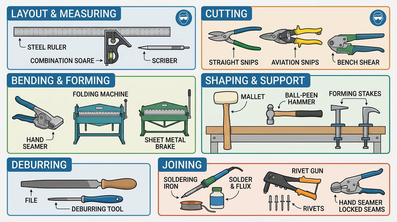 A neatly arranged set of tinsmith tools labeled by function: layout, cutting, bending, shaping, supporting, and joining