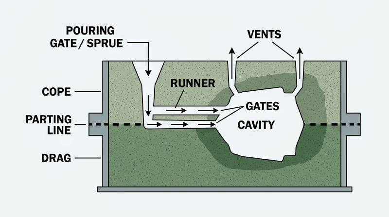 A clear cutaway diagram of a two-piece mold with cope, drag, cavity, pouring gate, runner, and vent labeled
