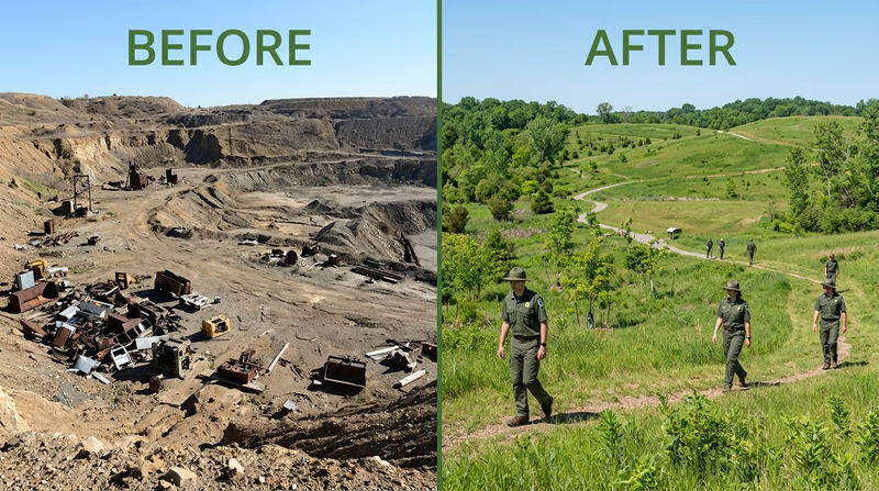 Before-and-after comparison of a former mine landscape transformed into green recreation land with trails and trees