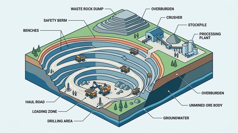 Wide educational diagram of a modern stepped open-pit mine with haul roads, benches, and giant haul trucks