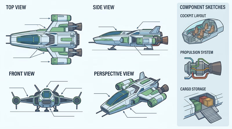 A Scout-designed fantasy spacecraft shown from front, side, top, and perspective views with separate cockpit, engine, and storage concept sketches
