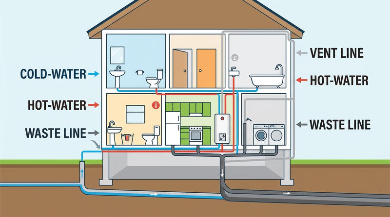 A cutaway house plumbing model with clearly color-coded hot water, cold water, waste, and vent lines