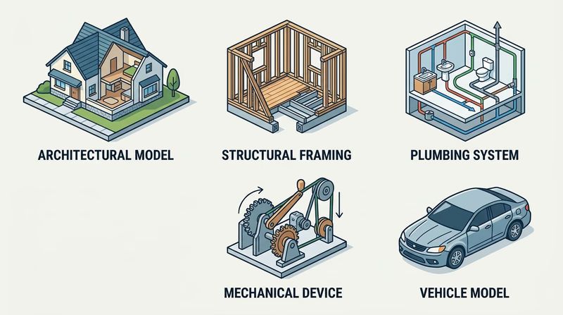 Five small labeled example models showing architectural, structural, process, mechanical, and industrial model types side by side