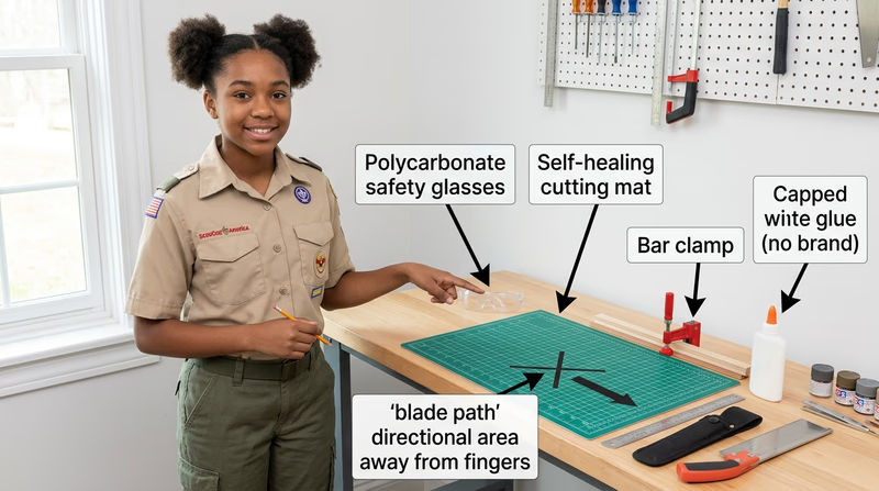A well-organized modelmaking bench with safety glasses, cutting mat, clamps, labeled glue, and a clear blade path