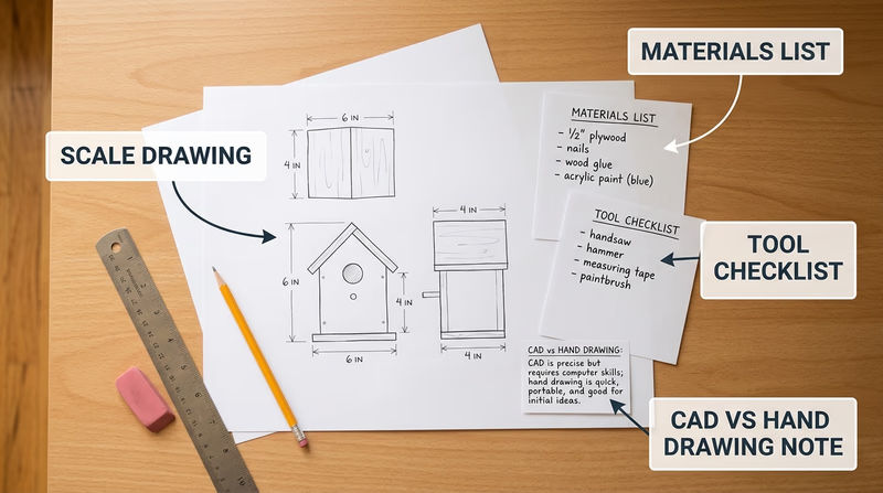 A Scout's project planning page with scale sketch, materials list, tool list, and notes about whether to use CAD or hand drawing