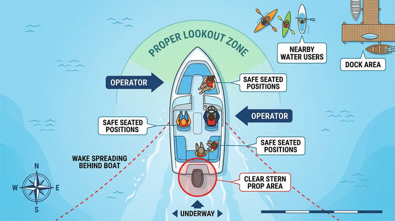 Diagram showing safe passenger positions, lookout zones, and wake spread around a moving motorboat