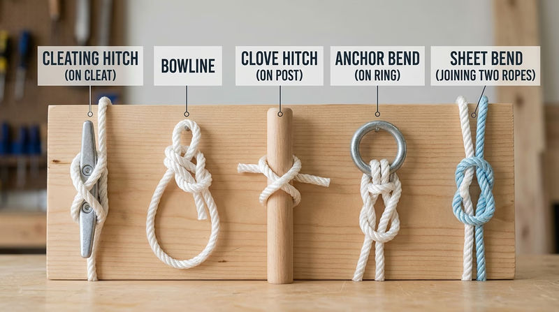 Practice board displaying five boating knots: cleating hitch, bowline, clove hitch, anchor bend, and sheet bend