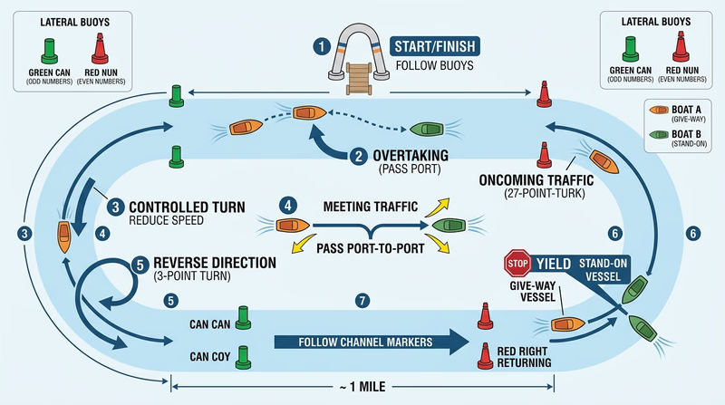 Bird's-eye diagram of a motorboat practice course with passing, yielding, turning, and navigation markers