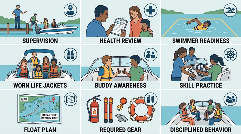 Nine-panel visual guide showing the Safety Afloat points in a motorboating context