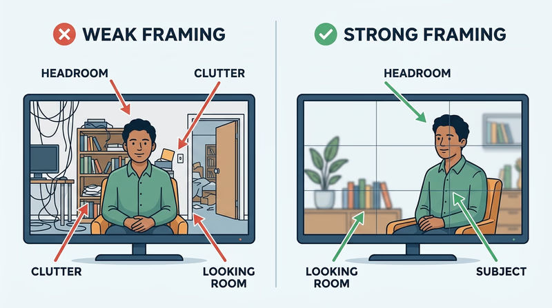Diagram comparing weak and strong on-camera framing with headroom, looking room, and subject placement