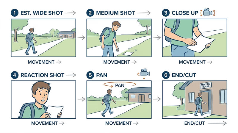 Six-panel storyboard example with rough sketch frames showing different shot types and movement