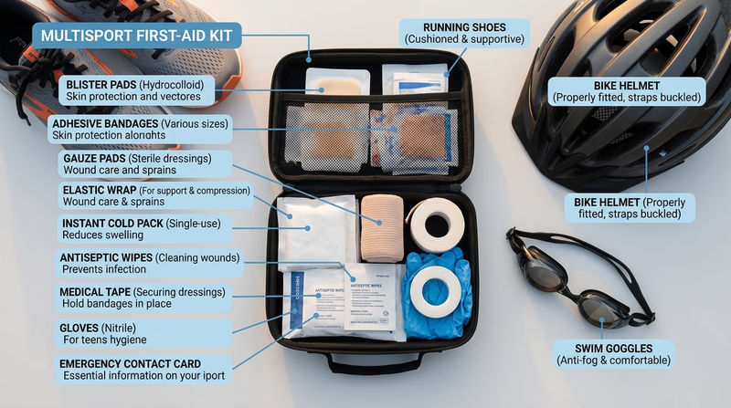 Open first-aid kit beside running shoes, bike helmet, and swim gear with key items visible for treating common multisport injuries