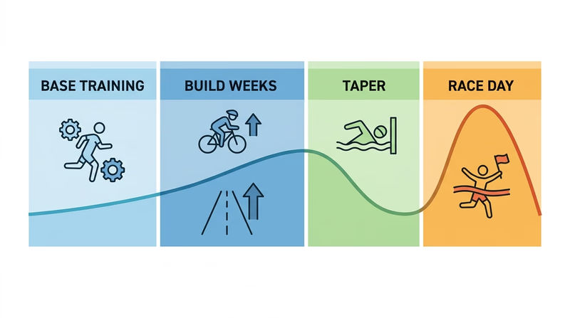 Visual timeline showing base training, build weeks, taper, and race day for a youth multisport season