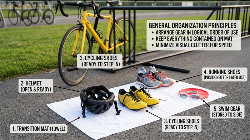 Neatly organized beginner transition area with swim gear, helmet, bike shoes, running shoes, and bike laid out in logical order