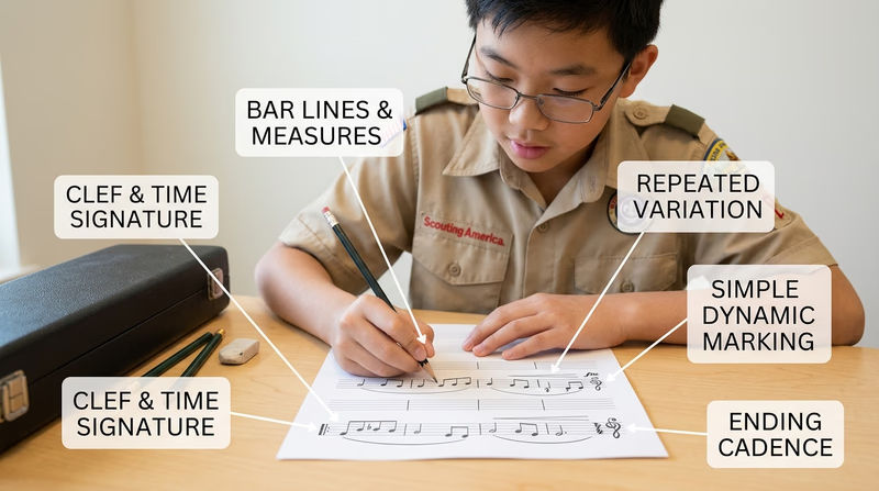 A Scout writing a short melody on staff paper with measures, phrase shape, and ending marked