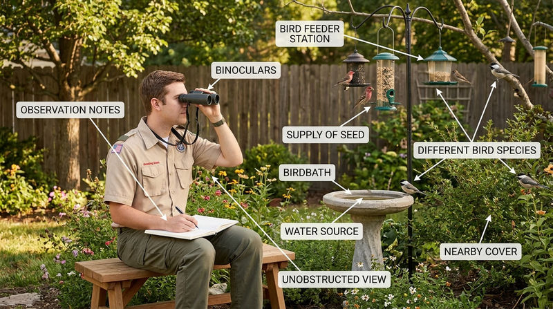 Scout observing a feeder and birdbath from a notebook station while different birds visit