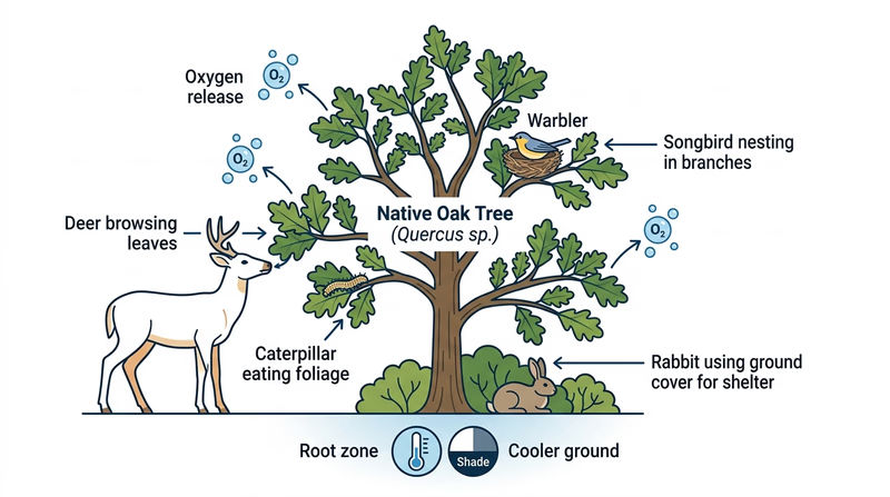 Diagram showing plants providing food, shelter, and habitat support to several animals in one ecosystem