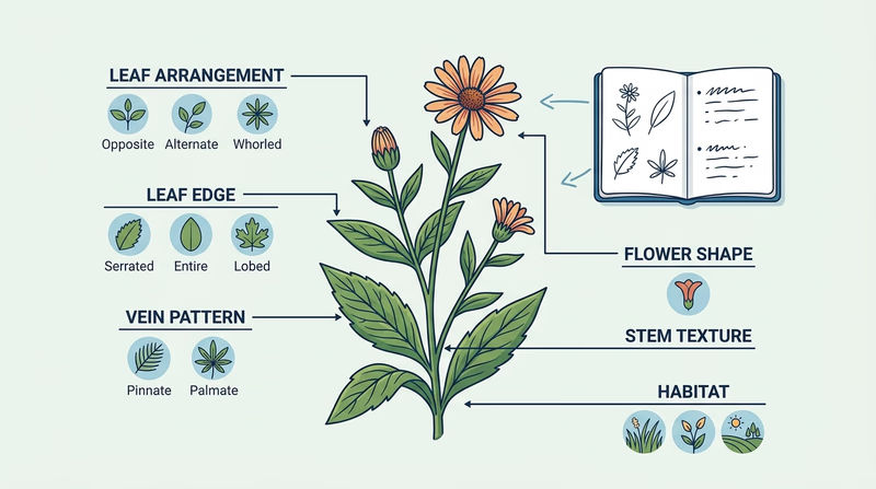 Wild plant study diagram showing leaf arrangement, flower shape, bark, and habitat notes in a field notebook