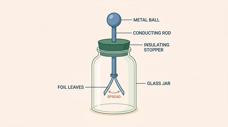 Simple electroscope with ball, conducting rod, insulator, jar, and foil leaves labeled