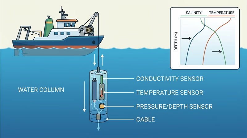 Diagram of a CTD instrument being lowered from a research ship with conductivity, temperature, and depth sensors labeled