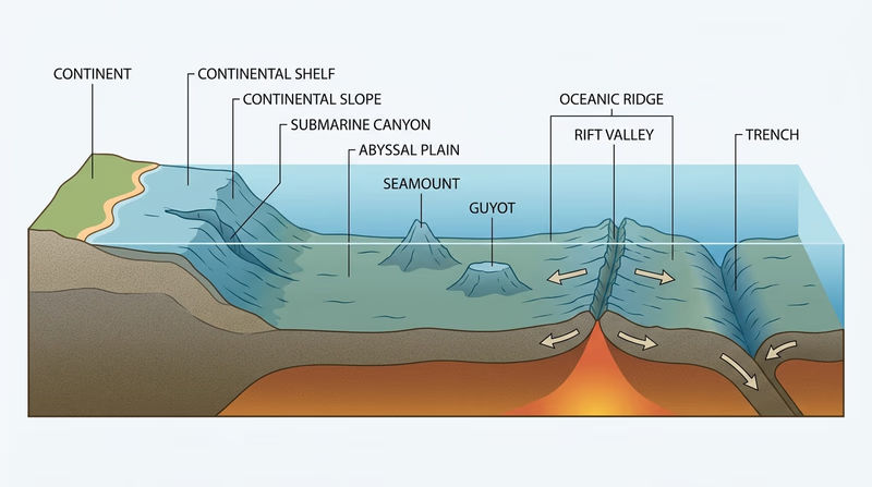 Cross-section of the seafloor labeled with continental shelf, continental slope, abyssal plain, seamount, guyot, ridge, rift valley, canyon, and trench