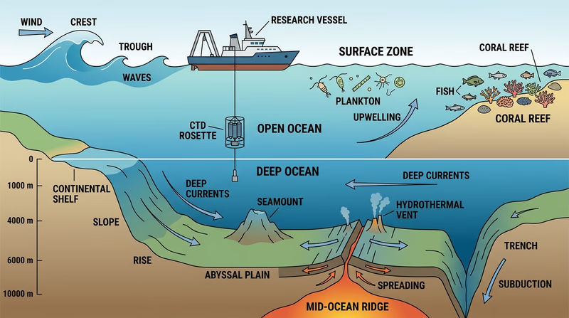 Cross-section scene showing waves, a research ship, coral reef life, and deep-sea terrain in one connected ocean system