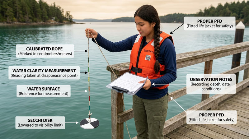 A Scout lowering a black-and-white Secchi disk from a dock while recording water-study notes on a clipboard