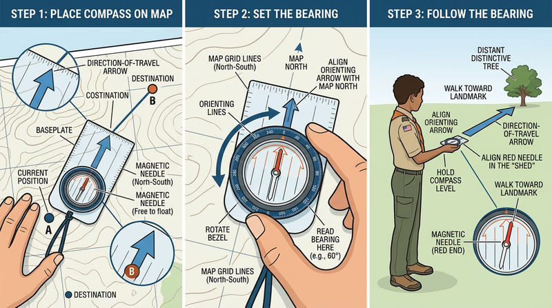 Three-step diagram showing how to take a compass bearing: placing compass on map connecting two points, rotating the bezel to align orienting lines with grid lines, and holding the compass level with the needle aligned inside the orienting arrow while sighting a landmark