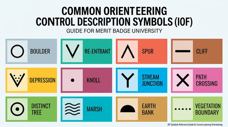 Educational infographic showing 12 common IOF control description symbols in a grid: boulder, re-entrant, spur, cliff, depression, knoll, stream junction, path crossing, distinct tree, marsh, earth bank, and vegetation boundary