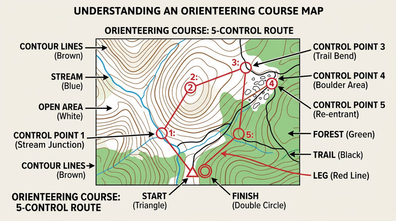 Topographic map excerpt showing a well-designed orienteering course with a start triangle, five numbered control circles on distinct terrain features, connecting lines showing the course sequence, and a finish double-circle