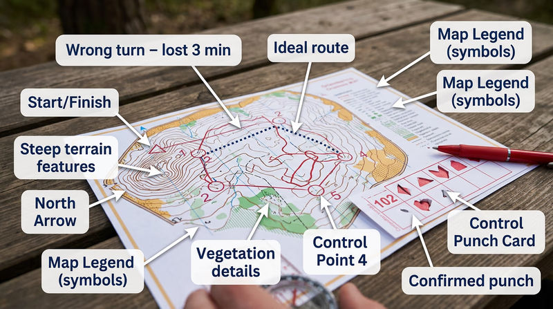Close-up of an orienteering map with a red line showing a competitor's route, annotations highlighting a wrong turn that lost 3 minutes, and a dotted blue line showing the ideal route for comparison
