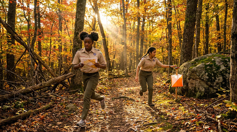 Two orienteers running through a beautiful autumn forest with colorful foliage, one holding a map and compass while the other approaches a distant orange-and-white control flag near a boulder