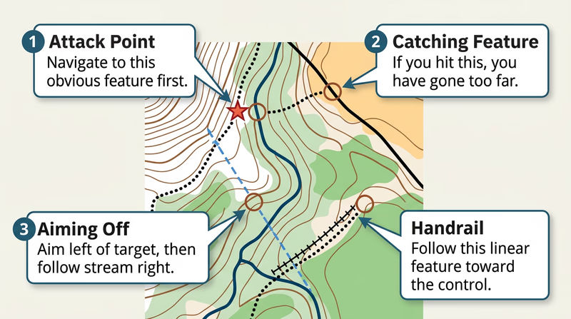 Illustrated orienteering map excerpt demonstrating four navigation techniques with labeled callouts: attack point at a trail junction, catching feature beyond the control, aiming off to one side of a stream target, and following a fence as a handrail