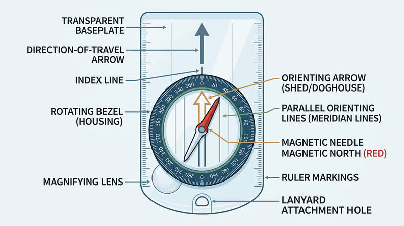Labeled diagram of a baseplate orienteering compass showing all major parts: baseplate, direction-of-travel arrow, index line, rotating bezel with degree markings, orienting arrow, orienting lines, magnetic needle with red north end, magnifying lens, and ruler markings