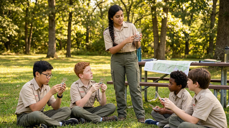 A Scout teaching a group of four younger Scouts in a park clearing, holding up a compass and pointing to its features while the younger Scouts each hold their own compasses, a topographic map spread on a picnic table nearby