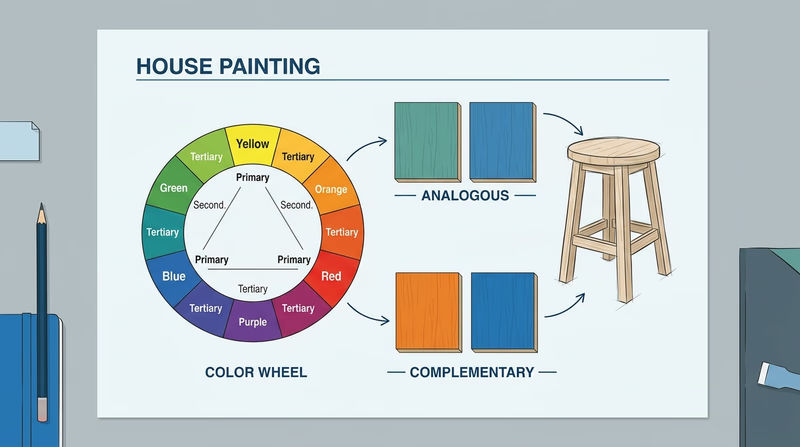 Painted sample board showing color-wheel pairings next to a simple furniture project sketch