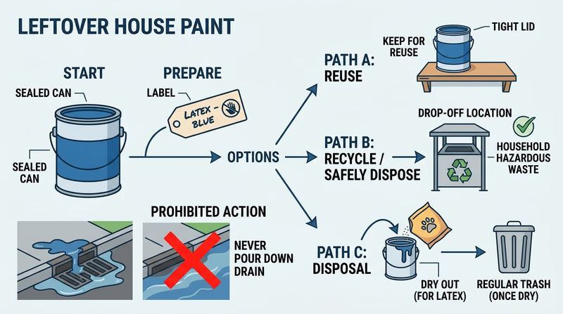 Diagram showing leftover paint being sealed in labeled containers, kept off storm drains, and taken to an approved recycling or disposal site