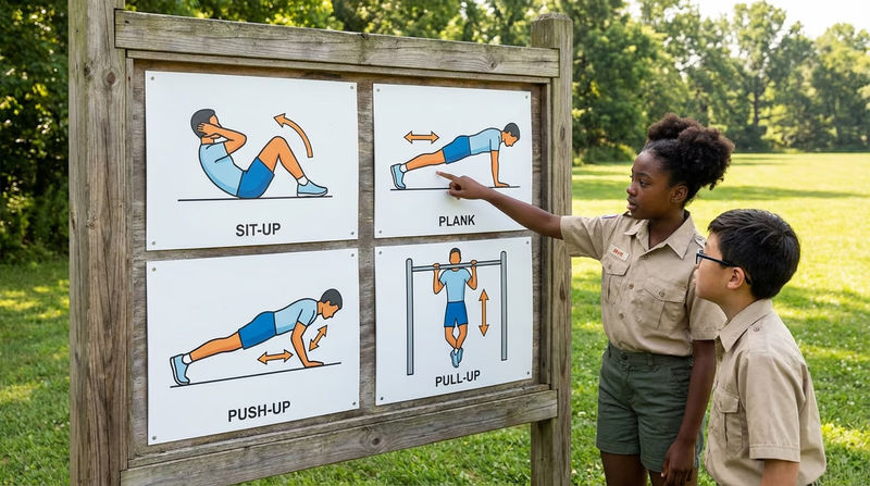 Four illustrated panels showing proper form for sit-ups, plank hold, push-ups, and pull-ups, with arrows indicating correct body alignment