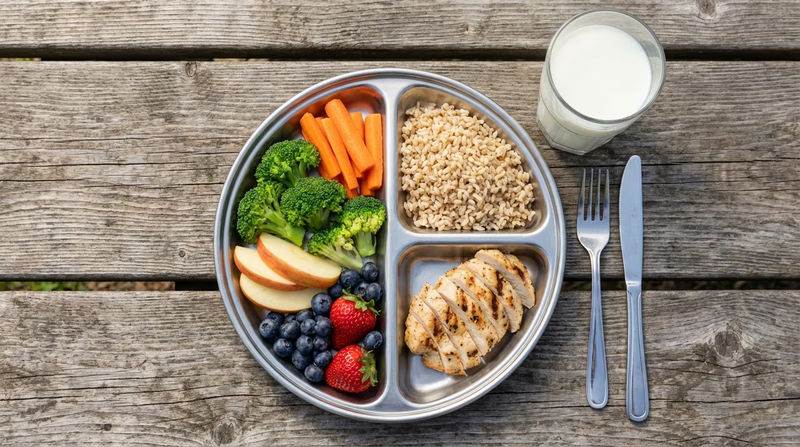 A Scout's plate at a camp dining hall arranged in the MyPlate format, with colorful portions of vegetables, grains, protein, fruit, and a glass of milk