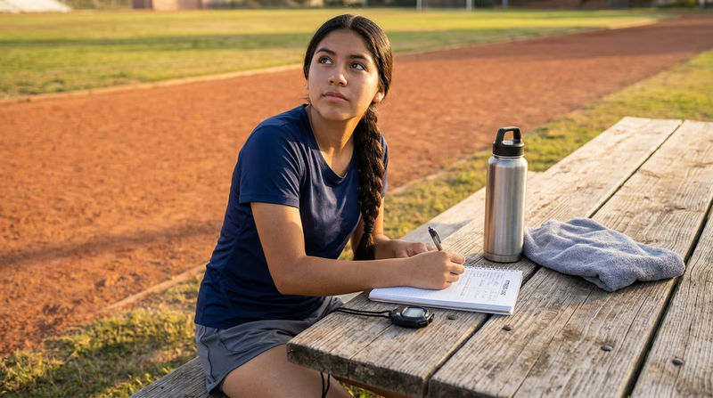 A Scout sitting at a table writing results in a fitness log notebook, with a water bottle and stopwatch nearby