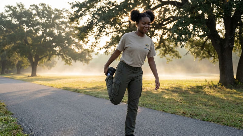A Scout stretching outdoors at sunrise, preparing for a morning workout with a park trail in the background