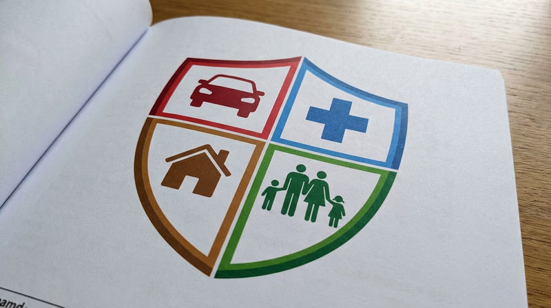 An illustrated shield divided into four quadrants, each containing an icon representing a type of insurance: a car, a medical cross, a house, and a family