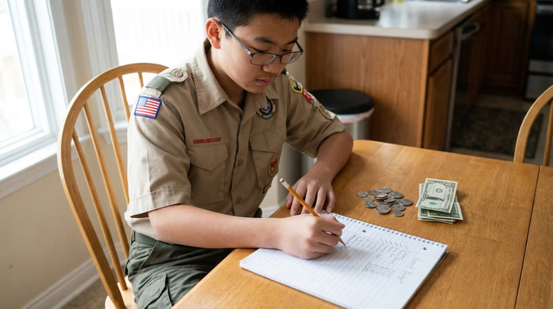 A Scout reviewing a handwritten budget on notebook paper, with coins and dollar bills organized neatly on the table beside them