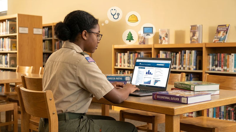 A Scout sitting in a library with career guidebooks open, looking at the Bureau of Labor Statistics website on a laptop, with thought bubbles showing different career paths