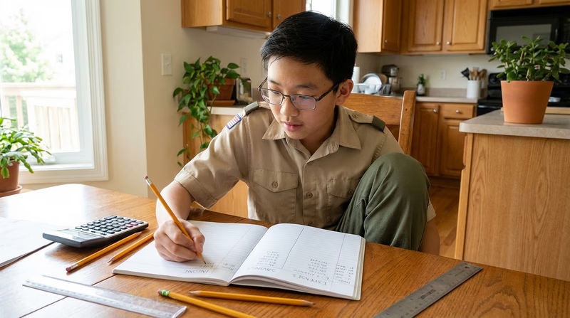 A Scout at a kitchen table working on a budget spreadsheet, with a calculator, pencil, and notebook showing columns for income, expenses, and savings