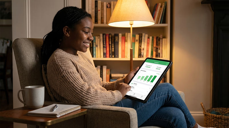 A Scout reviewing a financial app on a tablet while sitting in a comfortable chair at home, looking confident and in control of their financial life