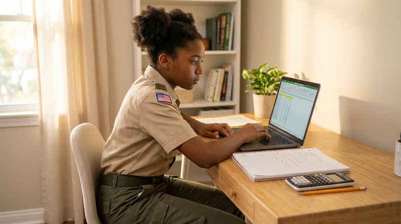 A Scout sitting at a desk with a notebook, calculator, and laptop, planning a budget with a look of focus and determination