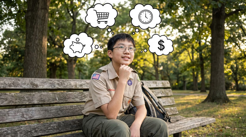 A Scout sitting thoughtfully on a park bench, with a thought bubble containing icons representing different financial concepts like a piggy bank, a shopping cart, and a clock